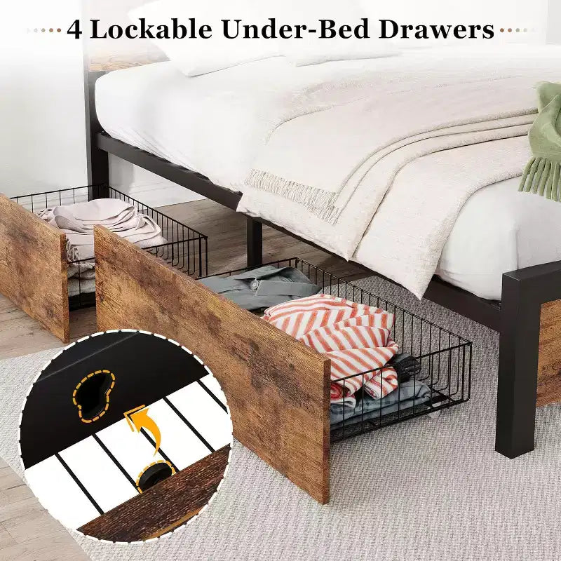 Struttura letto Queen Size con testiera e 4 cassetti contenitore, stile rustico, senza bisogno di rete a molle