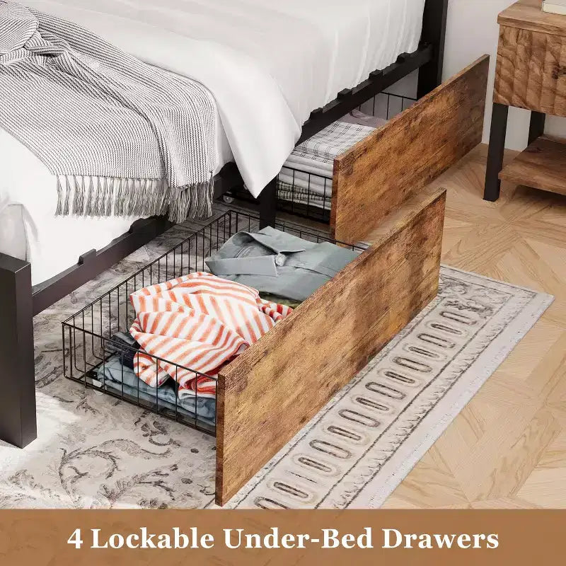 Struttura letto Queen Size con testiera e 4 cassetti contenitore, stile rustico, senza bisogno di rete a molle