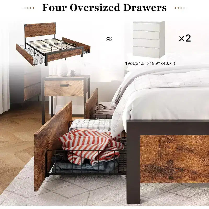 Struttura letto Queen Size con testiera e 4 cassetti contenitore, stile rustico, senza bisogno di rete a molle