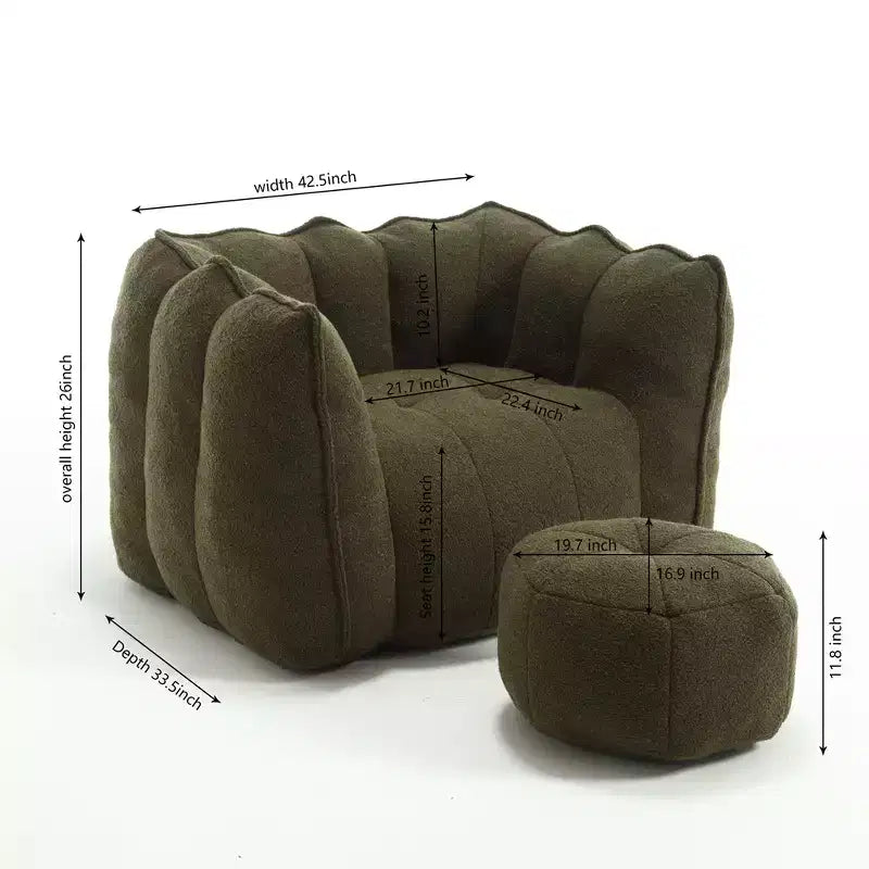 Divano sacco con pouf e braccioli, velluto ciniglia, capacità 136 kg, divano pigro