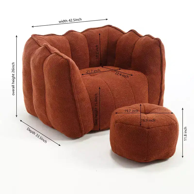 Divano sacco con pouf e braccioli, velluto ciniglia, capacità 136 kg, divano pigro