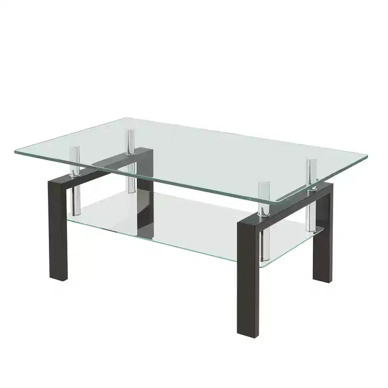 2-Tier Rectangular Tempered Glass Coffee Table with Lower Shelf, Modern, Clear