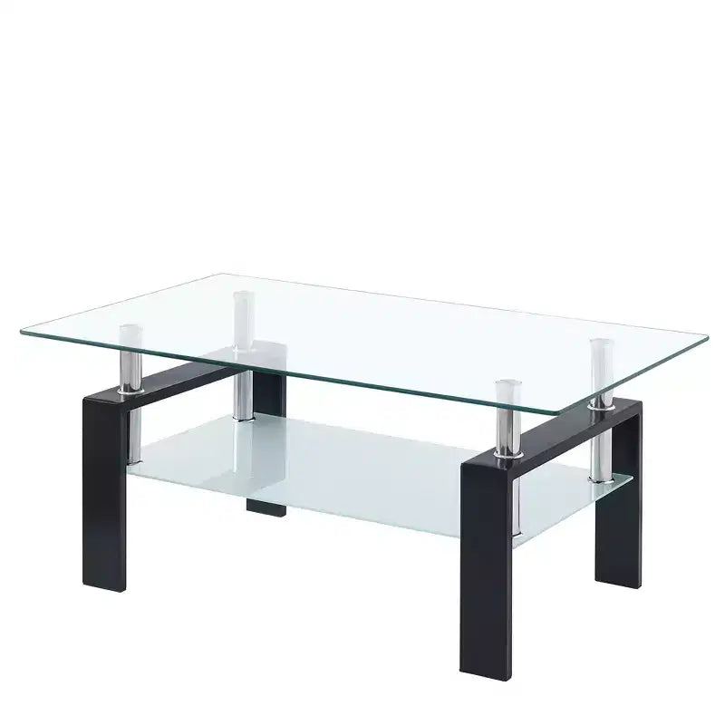 2-Tier Rectangular Tempered Glass Coffee Table with Lower Shelf, Modern, Clear