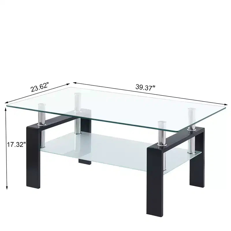 2-Tier Rectangular Tempered Glass Coffee Table with Lower Shelf, Modern, Clear