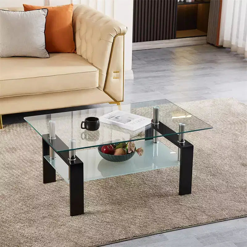2-Tier Rectangular Tempered Glass Coffee Table with Lower Shelf, Modern, Clear