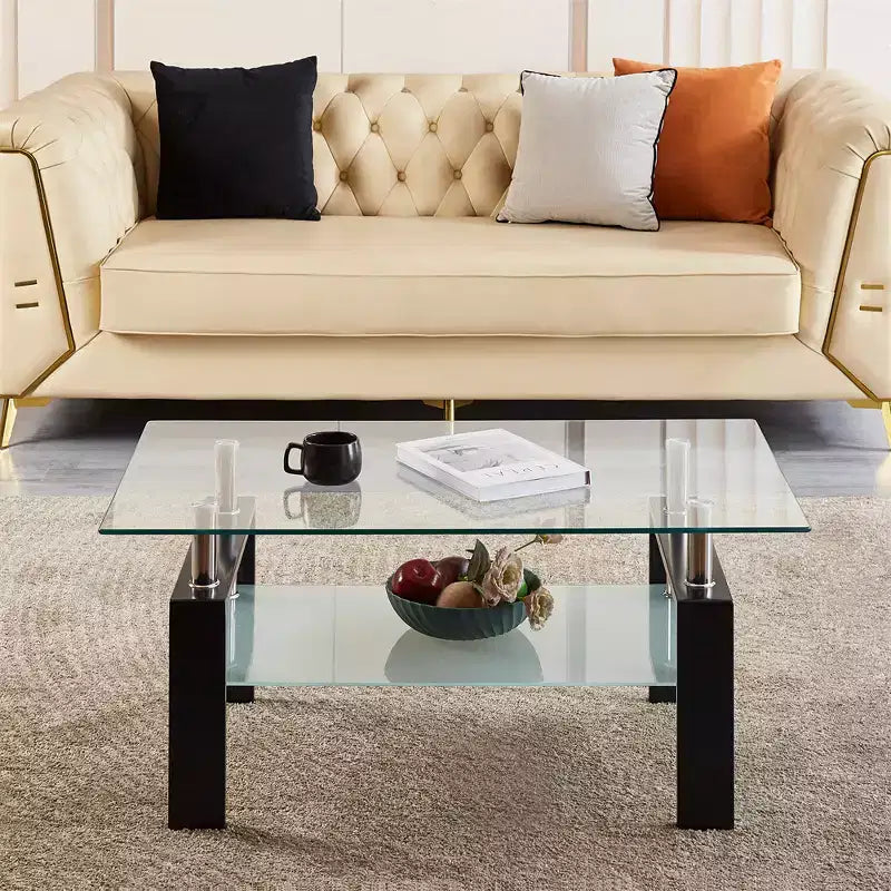 2-Tier Rectangular Tempered Glass Coffee Table with Lower Shelf, Modern, Clear