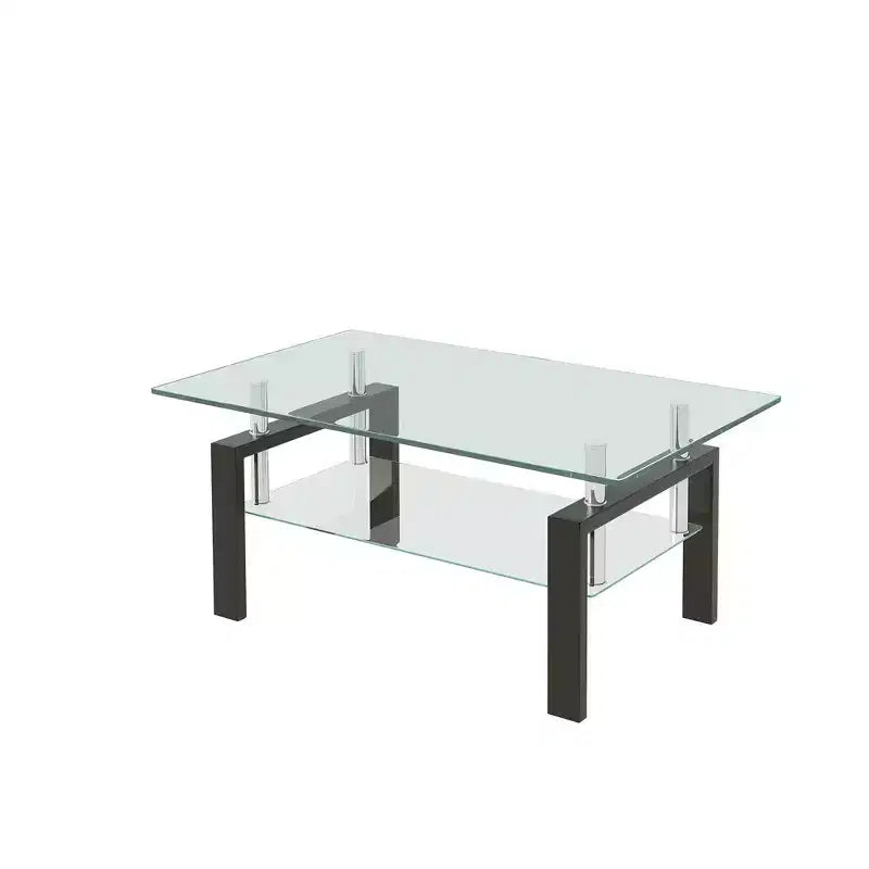 2-Tier Rectangular Tempered Glass Coffee Table with Lower Shelf, Modern, Clear