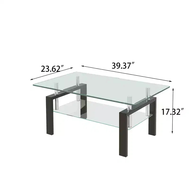 2-Tier Rectangular Tempered Glass Coffee Table with Lower Shelf, Modern, Clear