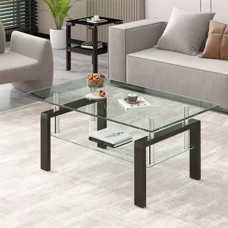 2-Tier Rectangular Tempered Glass Coffee Table with Lower Shelf, Modern, Clear