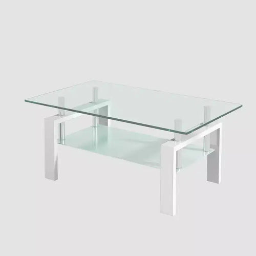 2-Tier Rectangular Tempered Glass Coffee Table with Lower Shelf, Modern, Clear