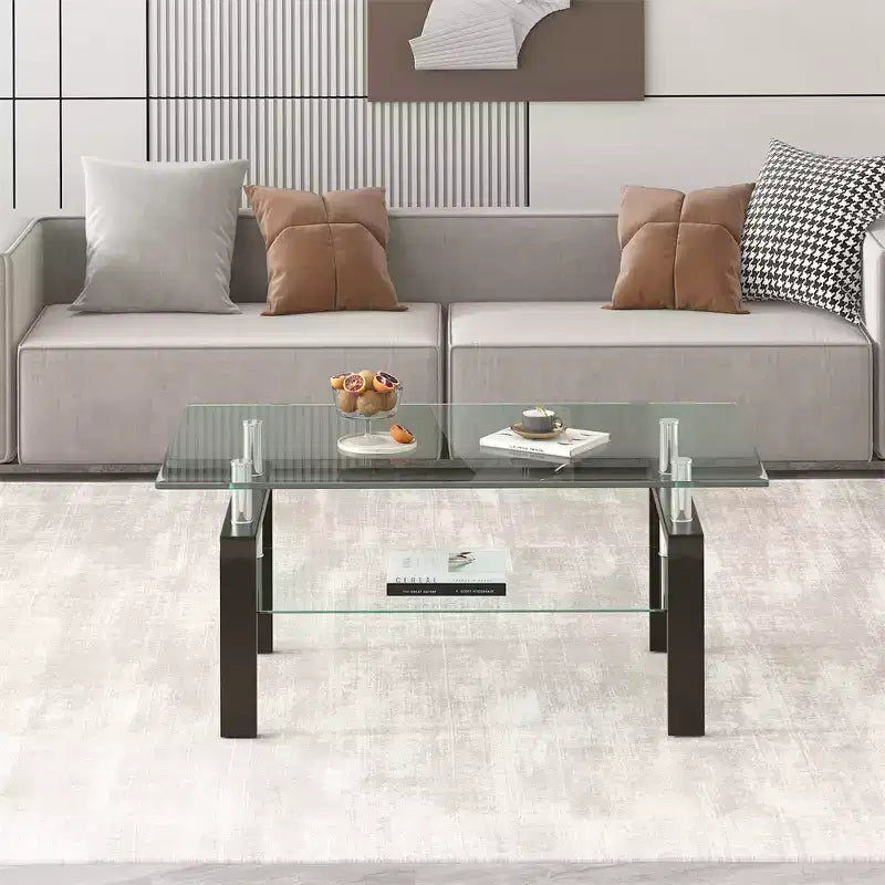 2-Tier Rectangular Tempered Glass Coffee Table with Lower Shelf, Modern, Clear