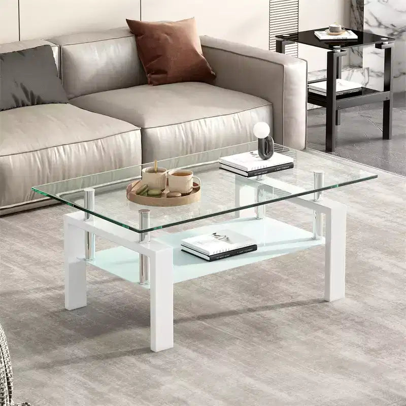 2-Tier Rectangular Tempered Glass Coffee Table with Lower Shelf, Modern, Clear