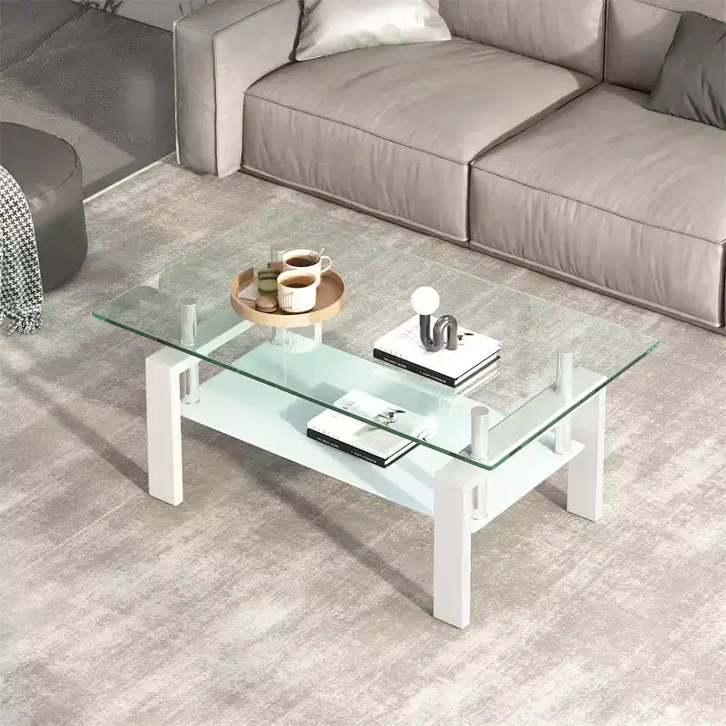 2-Tier Rectangular Tempered Glass Coffee Table with Lower Shelf, Modern, Clear