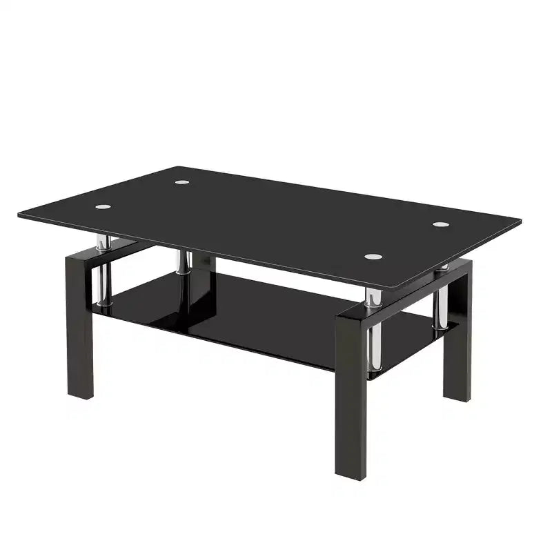 2-Tier Rectangular Tempered Glass Coffee Table with Lower Shelf, Modern, Clear