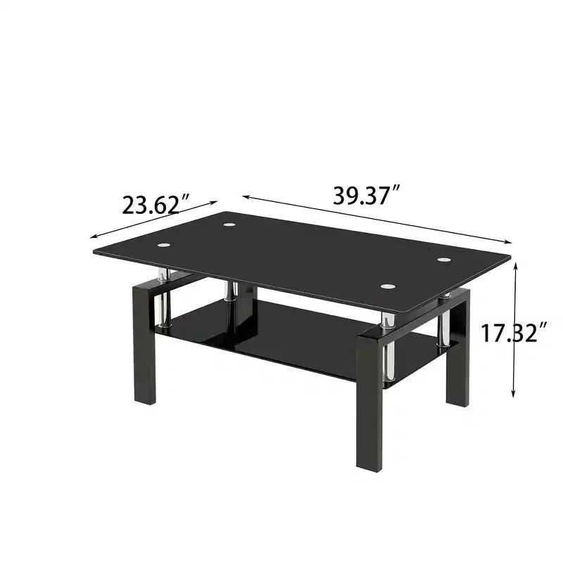 2-Tier Rectangular Tempered Glass Coffee Table with Lower Shelf, Modern, Clear