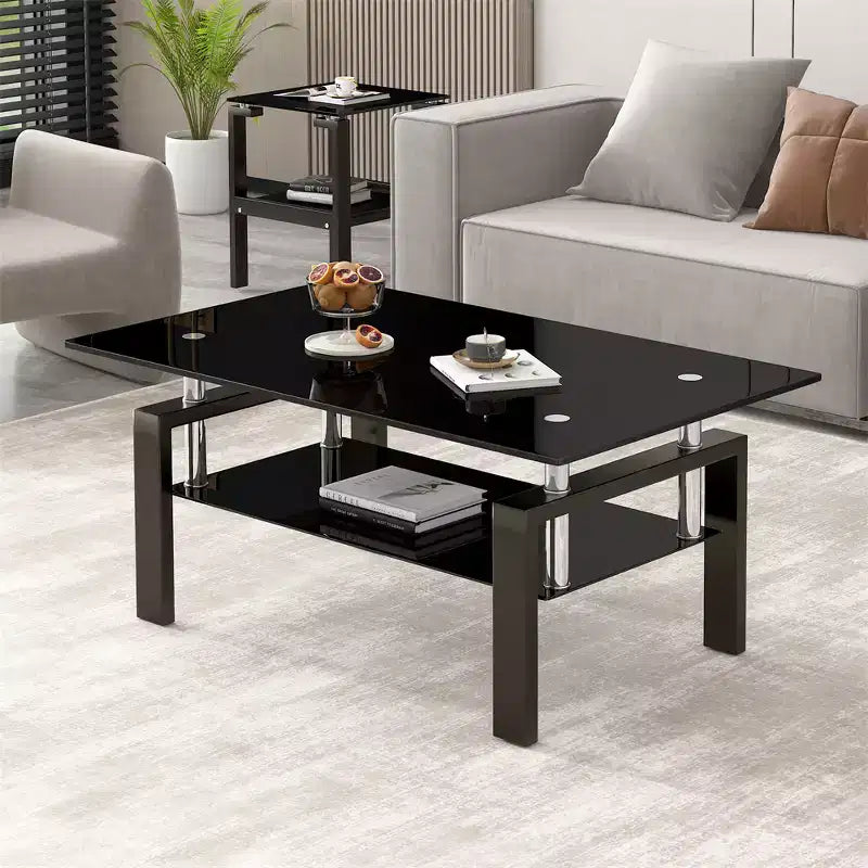 2-Tier Rectangular Tempered Glass Coffee Table with Lower Shelf, Modern, Clear