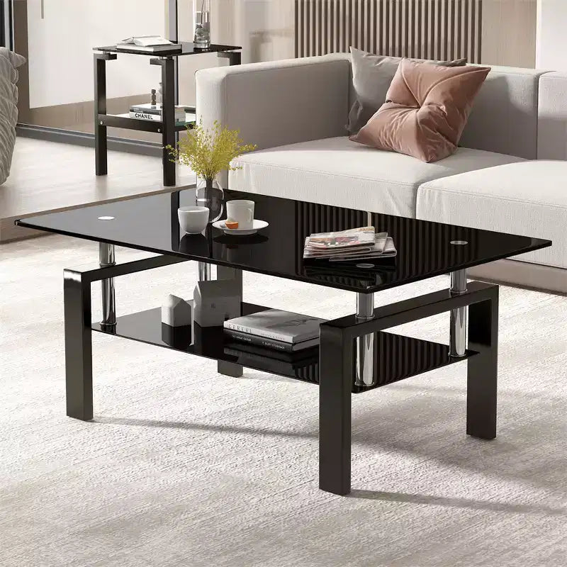 2-Tier Rectangular Tempered Glass Coffee Table with Lower Shelf, Modern, Clear