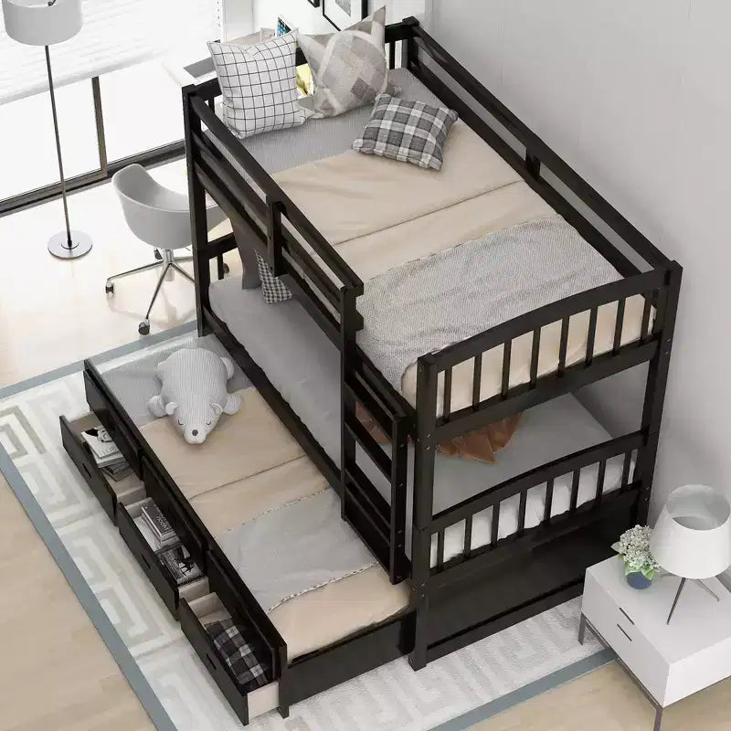 Bellemave Twin over Twin Wood Bunk Bed with Trundle and Drawers,black