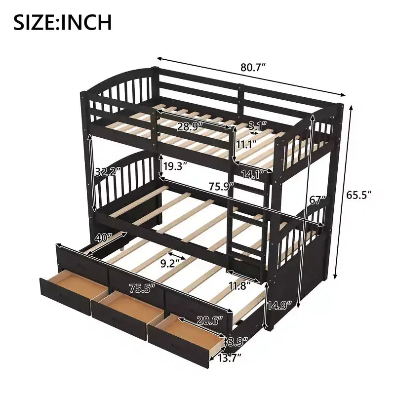 Twin Over Twin Wood Bunk Bed with Trundle & 3 Drawers, Black, Solid Wood, Ages 3+