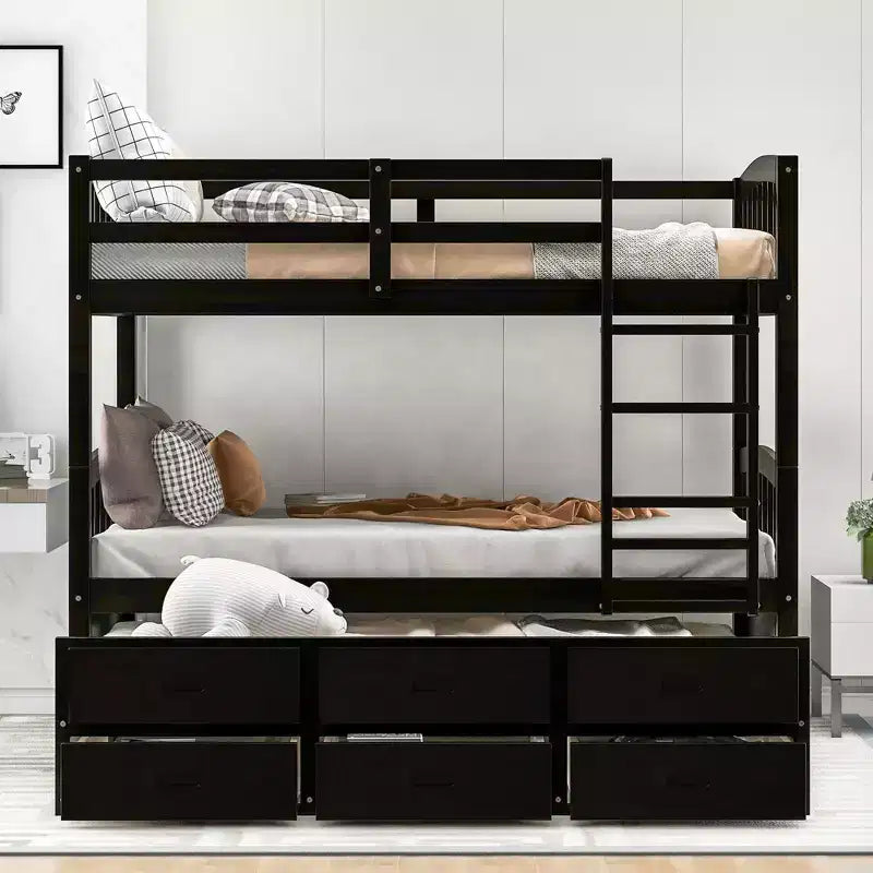 Twin Over Twin Wood Bunk Bed with Trundle & 3 Drawers, Black, Solid Wood, Ages 3+