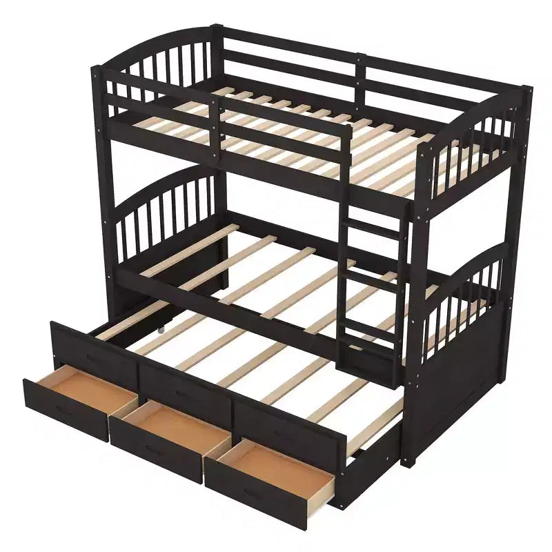 Twin Over Twin Wood Bunk Bed with Trundle & 3 Drawers, Black, Solid Wood, Ages 3+
