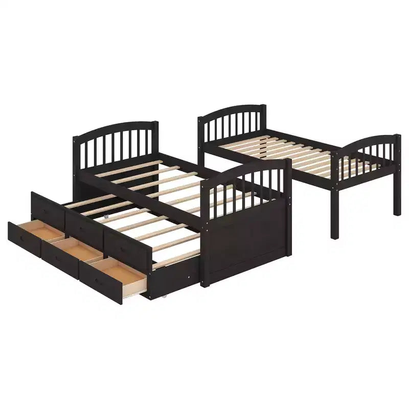 Twin Over Twin Wood Bunk Bed with Trundle & 3 Drawers, Black, Solid Wood, Ages 3+