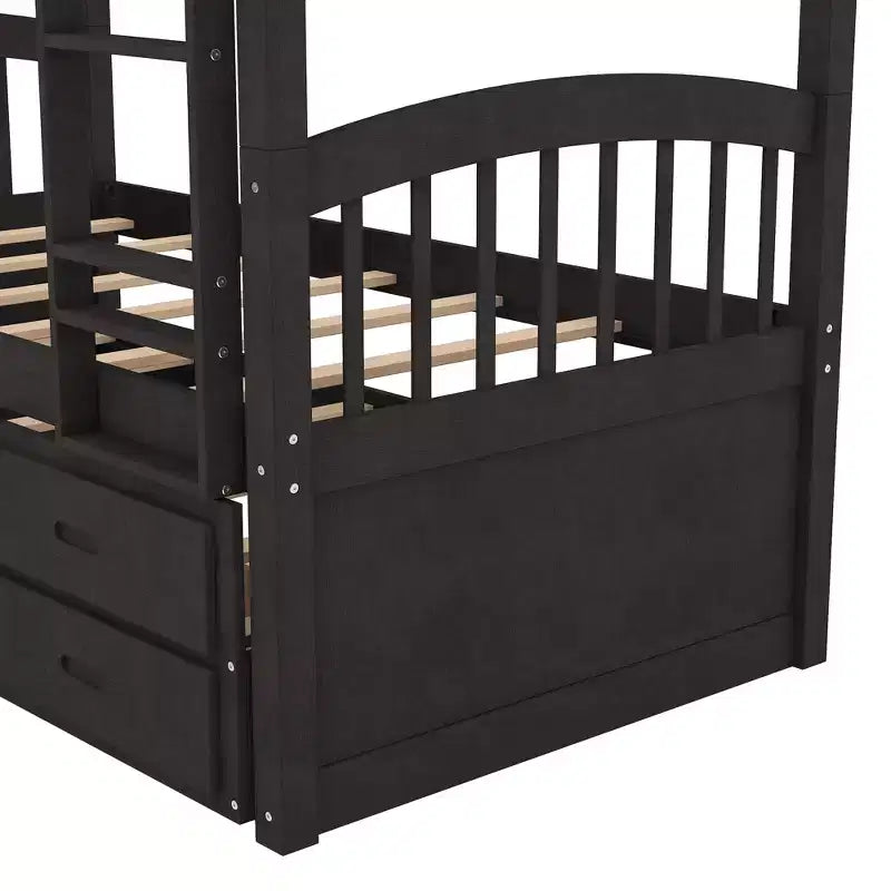 Twin Over Twin Wood Bunk Bed with Trundle & 3 Drawers, Black, Solid Wood, Ages 3+