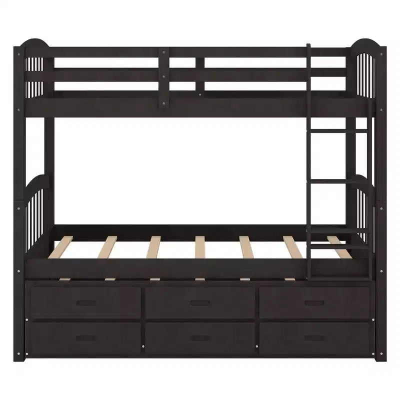 Twin Over Twin Wood Bunk Bed with Trundle & 3 Drawers, Black, Solid Wood, Ages 3+