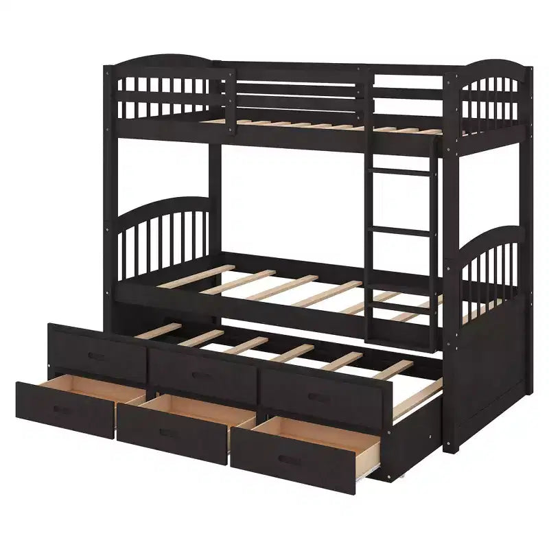 Twin Over Twin Wood Bunk Bed with Trundle & 3 Drawers, Black, Solid Wood, Ages 3+