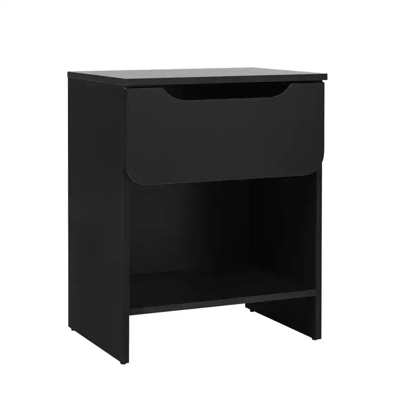 Comodino moderno minimalista con 1 cassetto e scomparto aperto, nero, in MDF, senza bisogno di attrezzi