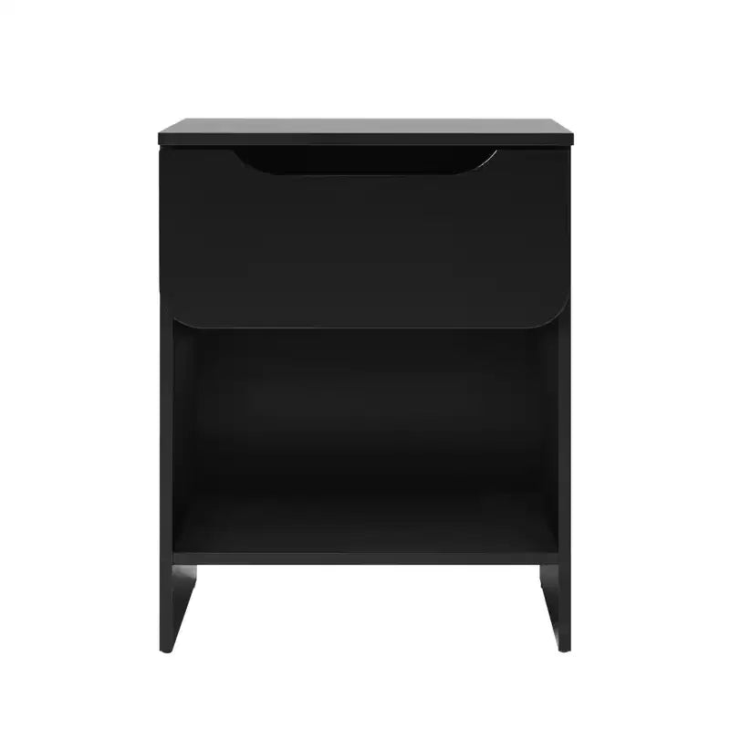 Comodino moderno minimalista con 1 cassetto e scomparto aperto, nero, in MDF, senza bisogno di attrezzi