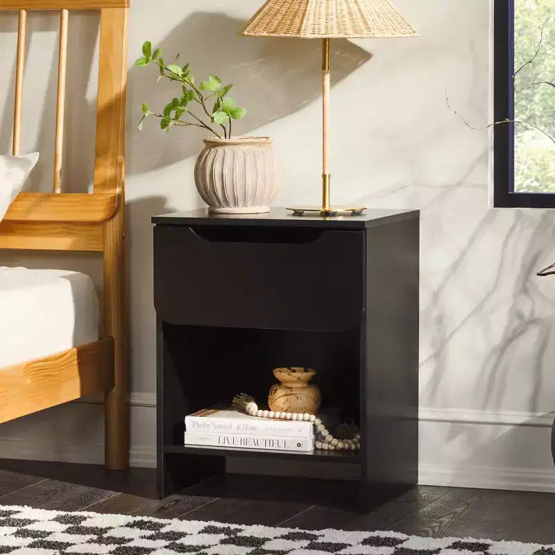 Comodino moderno minimalista con 1 cassetto e scomparto aperto, nero, in MDF, senza bisogno di attrezzi