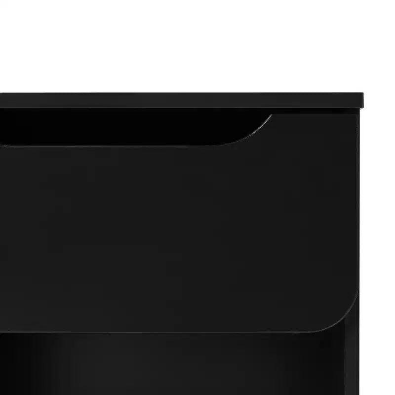 Comodino moderno minimalista con 1 cassetto e scomparto aperto, nero, in MDF, senza bisogno di attrezzi