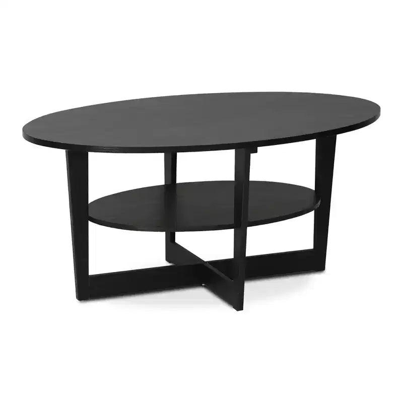 Oval 2-Tier Coffee Table with Open Shelf, Wood Finish, Rounded Corners, Modern
