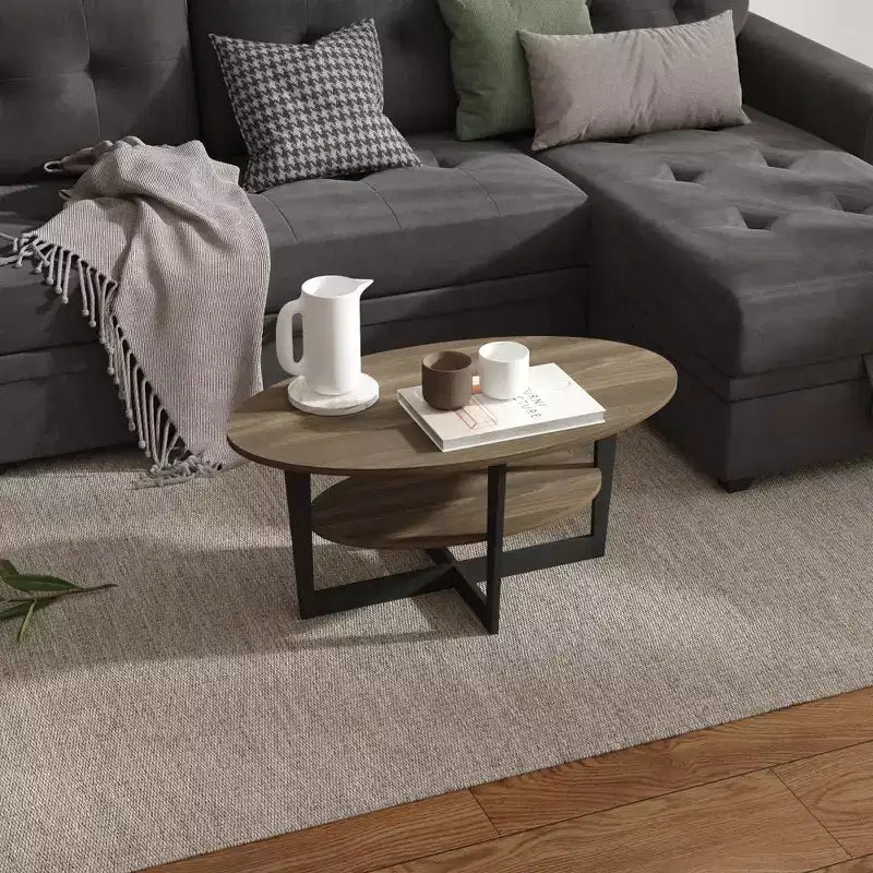Oval 2-Tier Coffee Table with Open Shelf, Wood Finish, Rounded Corners, Modern