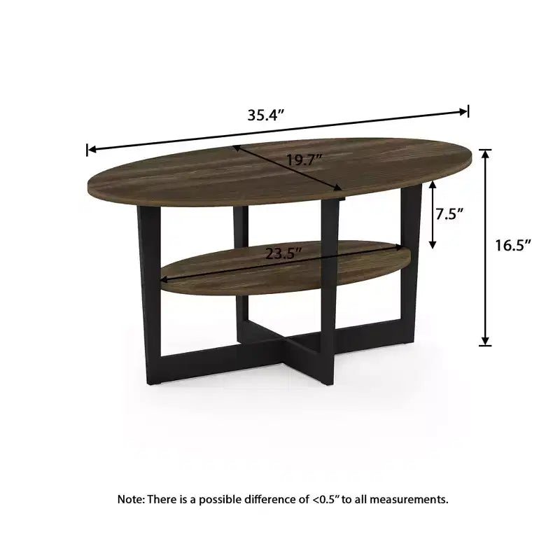 Oval 2-Tier Coffee Table with Open Shelf, Wood Finish, Rounded Corners, Modern