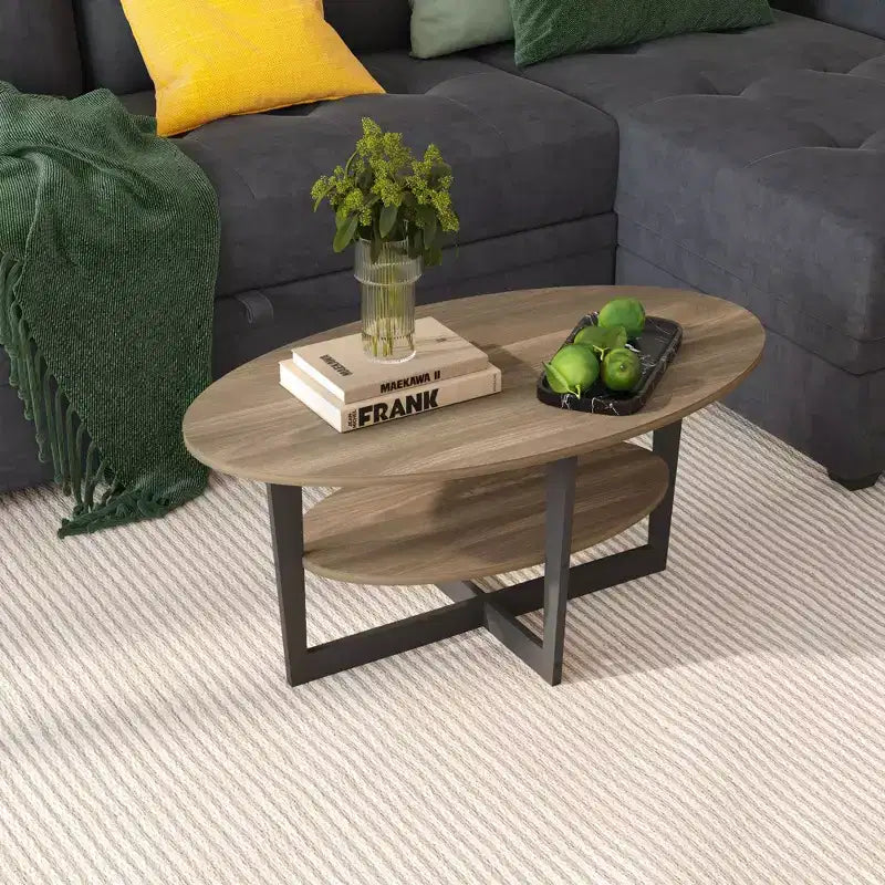 Oval 2-Tier Coffee Table with Open Shelf, Wood Finish, Rounded Corners, Modern