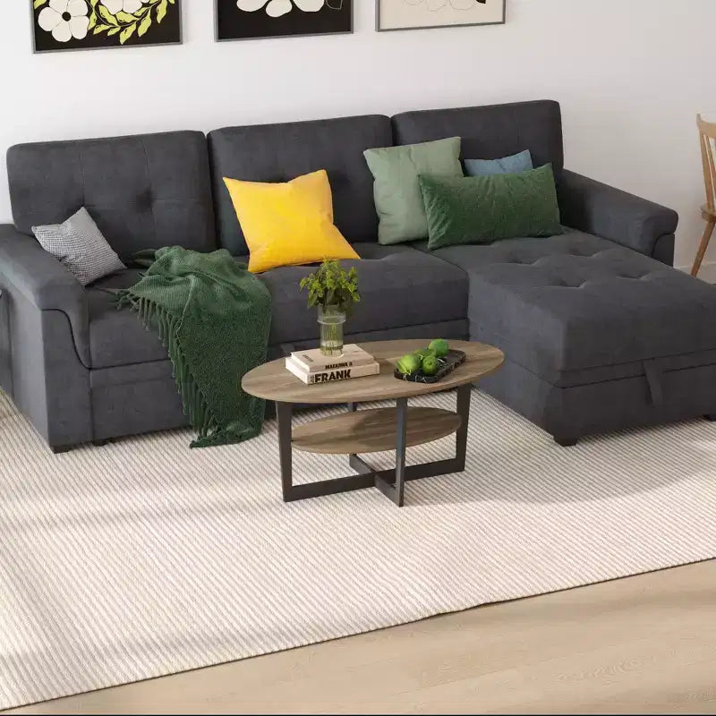 Oval 2-Tier Coffee Table with Open Shelf, Wood Finish, Rounded Corners, Modern