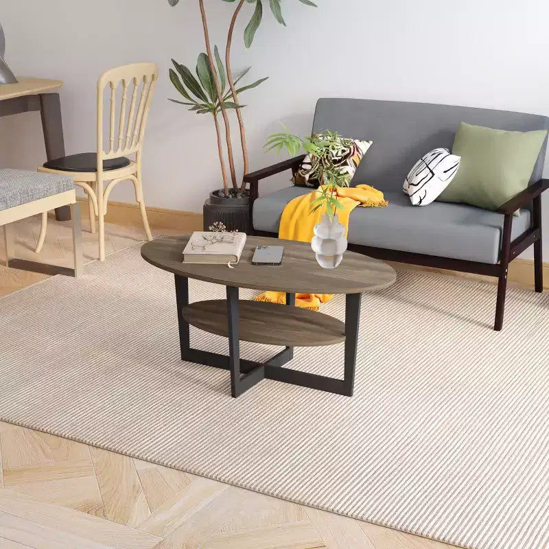 Oval 2-Tier Coffee Table with Open Shelf, Wood Finish, Rounded Corners, Modern