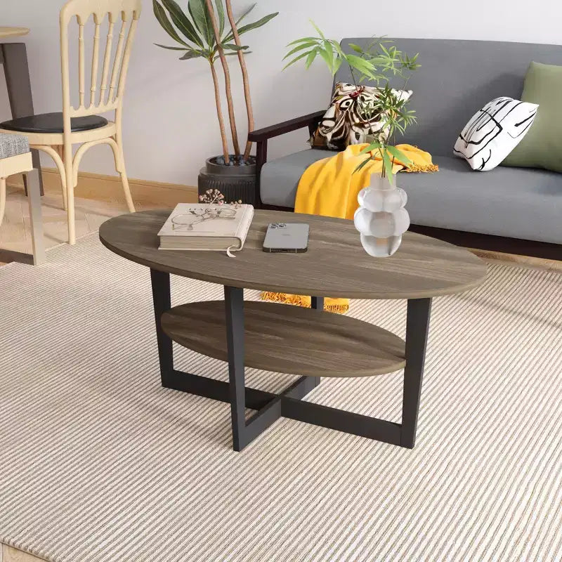 Oval 2-Tier Coffee Table with Open Shelf, Wood Finish, Rounded Corners, Modern