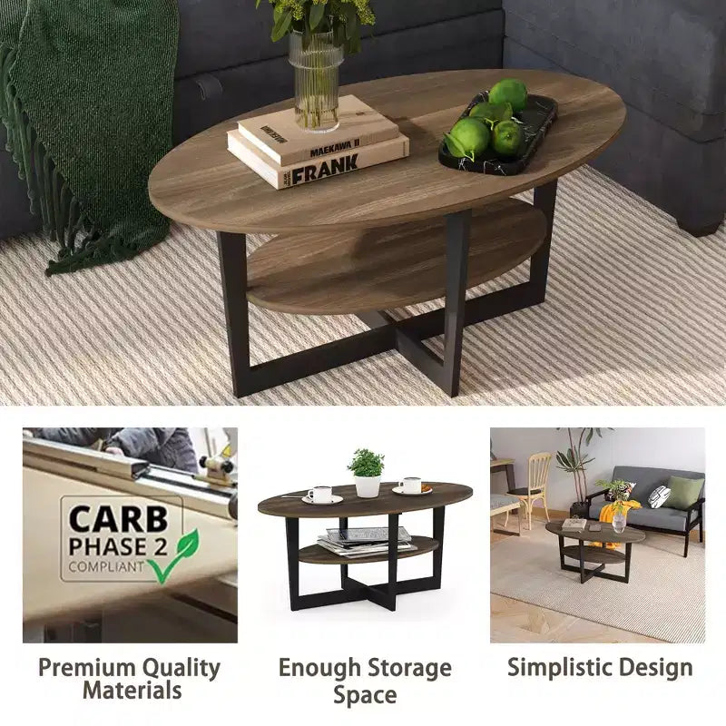 Oval 2-Tier Coffee Table with Open Shelf, Wood Finish, Rounded Corners, Modern