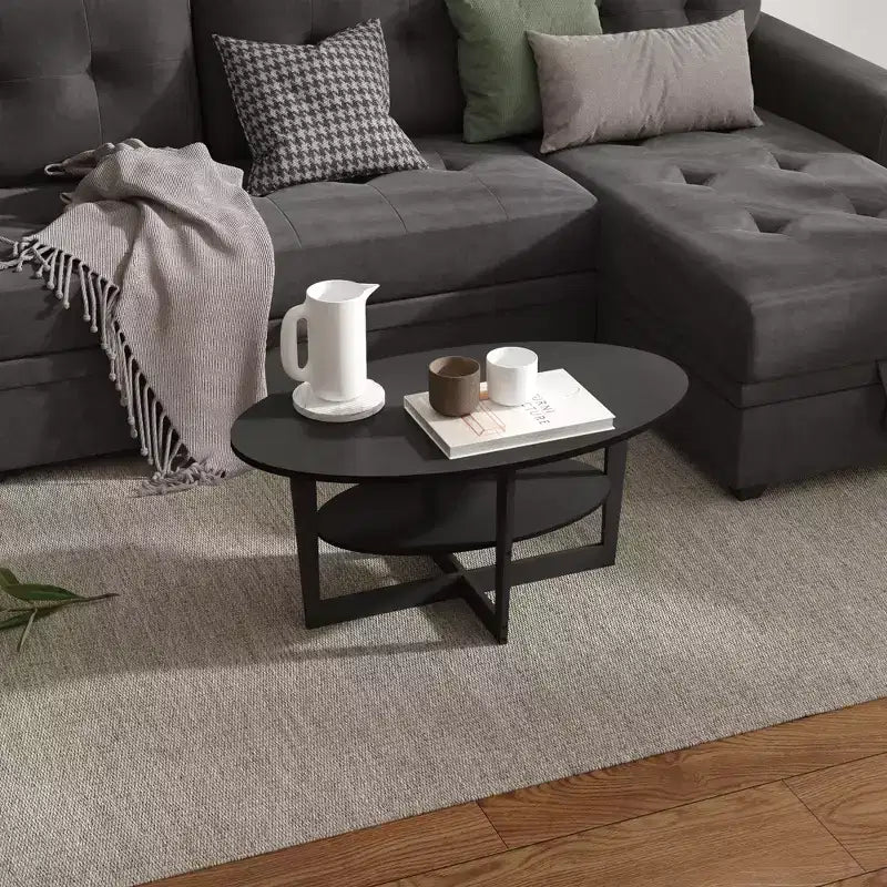 Oval 2-Tier Coffee Table with Open Shelf, Wood Finish, Rounded Corners, Modern
