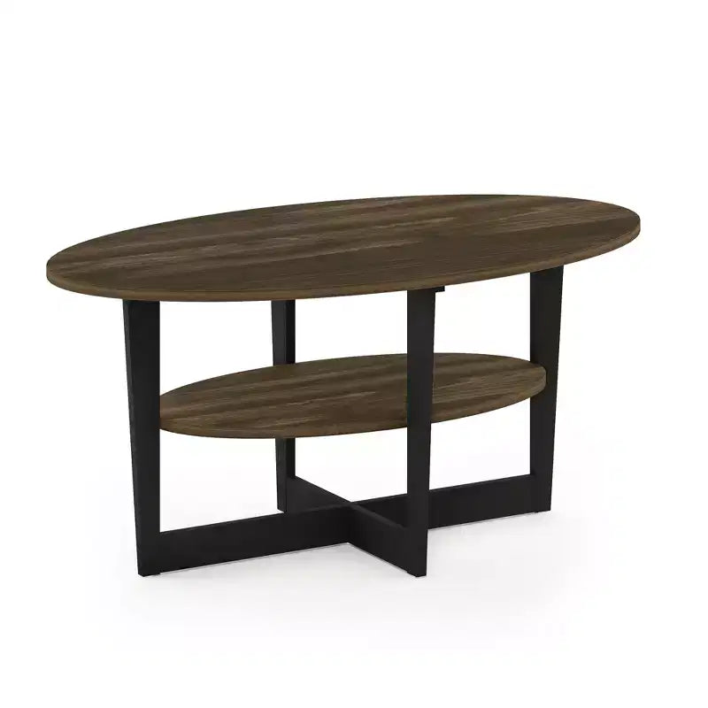 Oval 2-Tier Coffee Table with Open Shelf, Wood Finish, Rounded Corners, Modern