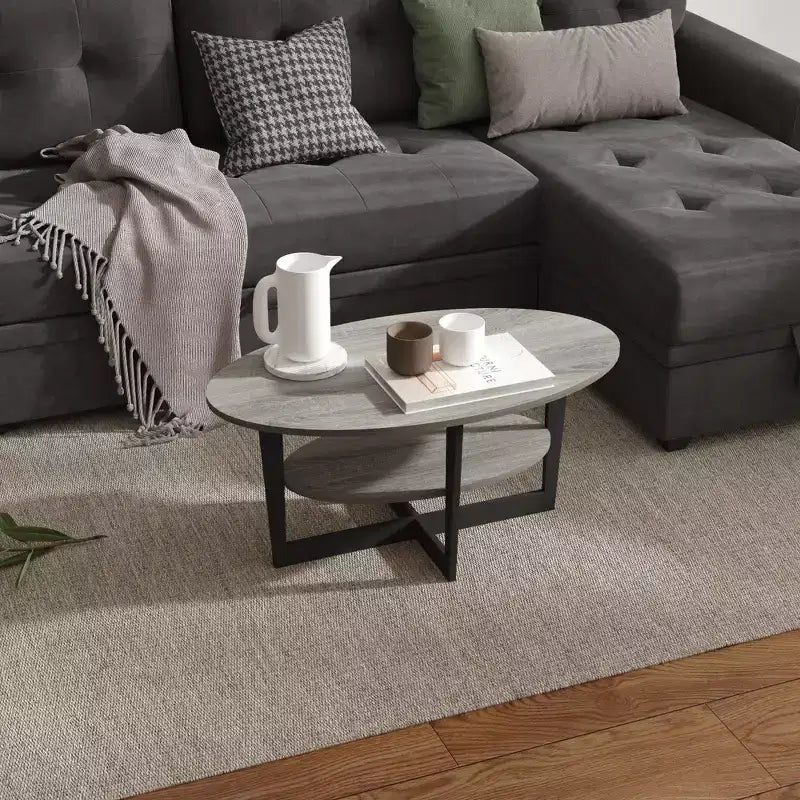 Oval 2-Tier Coffee Table with Open Shelf, Wood Finish, Rounded Corners, Modern