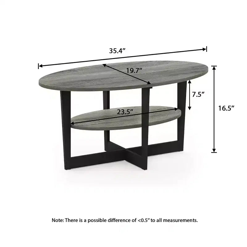 Oval 2-Tier Coffee Table with Open Shelf, Wood Finish, Rounded Corners, Modern