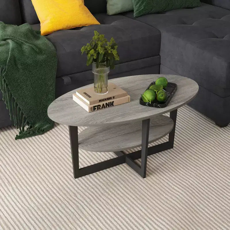 Oval 2-Tier Coffee Table with Open Shelf, Wood Finish, Rounded Corners, Modern