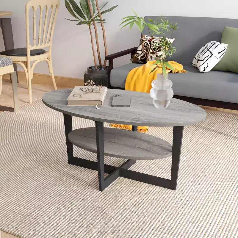 Oval 2-Tier Coffee Table with Open Shelf, Wood Finish, Rounded Corners, Modern
