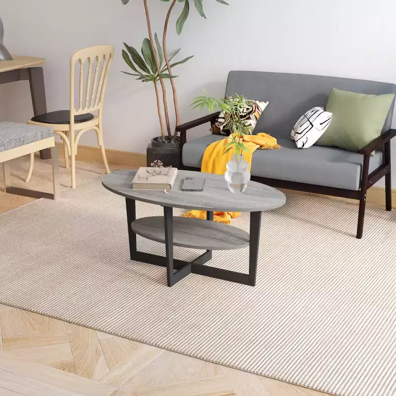 Oval 2-Tier Coffee Table with Open Shelf, Wood Finish, Rounded Corners, Modern