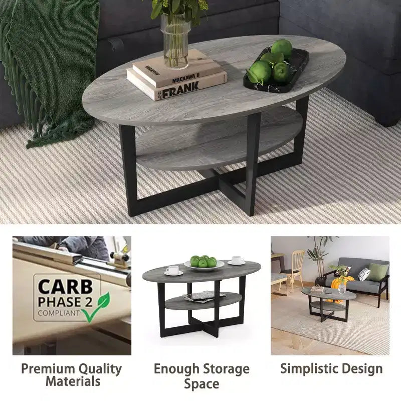 Oval 2-Tier Coffee Table with Open Shelf, Wood Finish, Rounded Corners, Modern