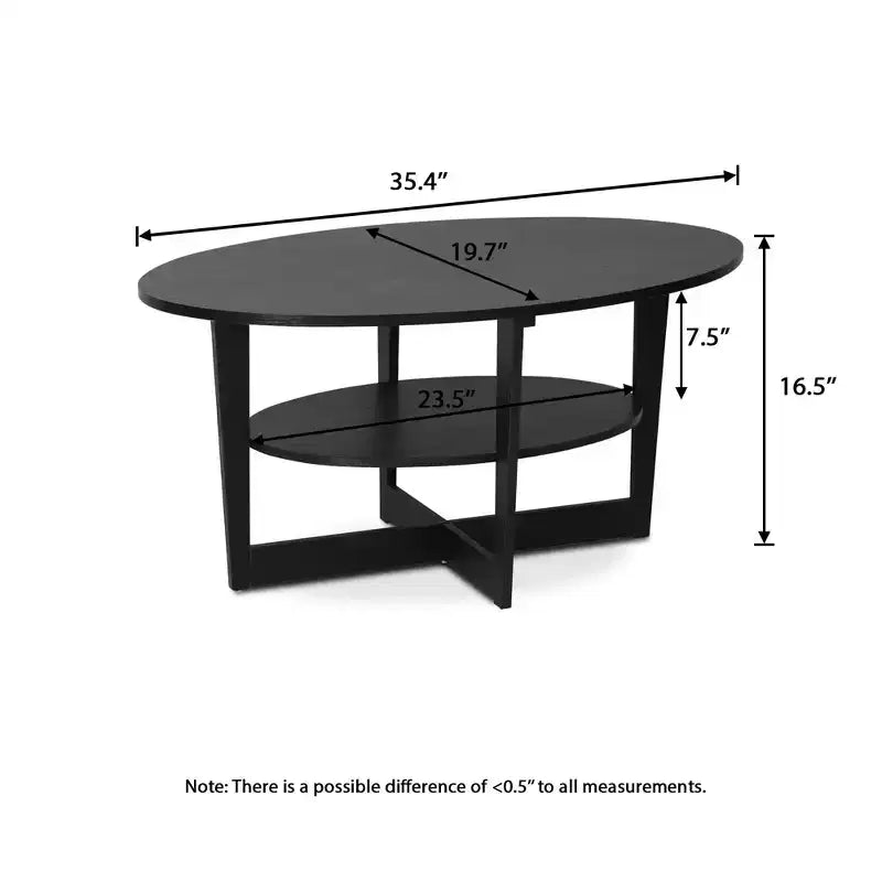Oval 2-Tier Coffee Table with Open Shelf, Wood Finish, Rounded Corners, Modern